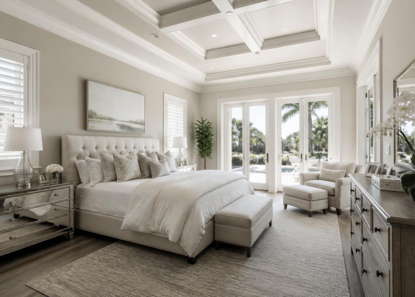 Master bedroom with freshly painted greige walls and white coffered ceiling