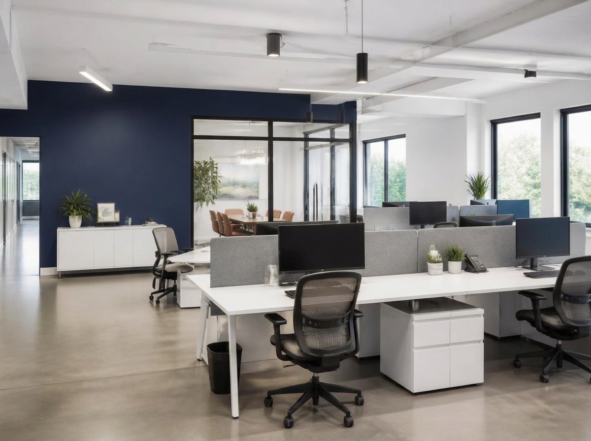 Open plan office with a freshly painted navy accent wall