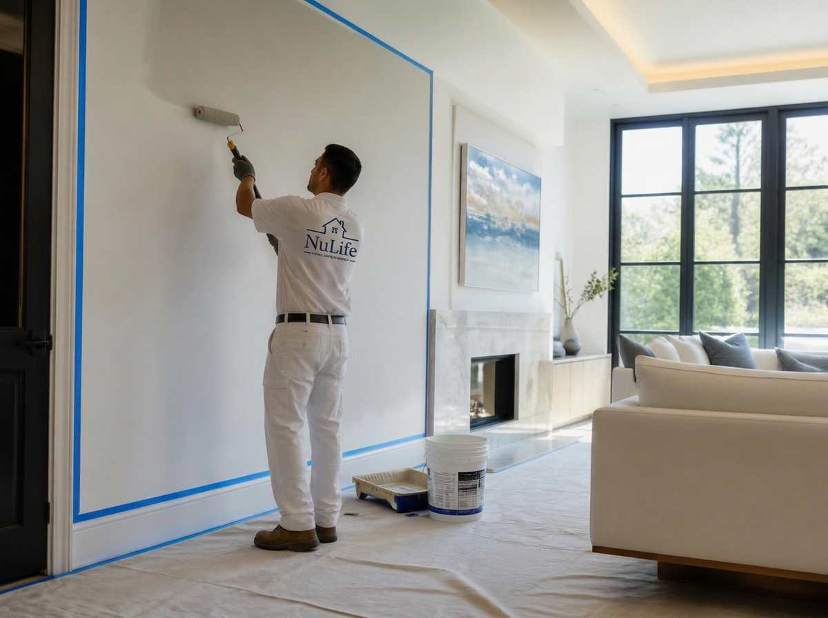 Professional painter rolling an interior wall with floors protected by drop cloths